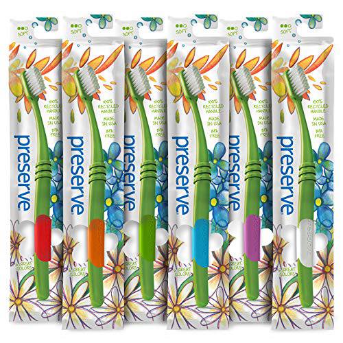 Preserve Eco Friendly Adult Toothbrushes, Made in The USA from Recycled Plastic, Lightweight Pouch, Soft Bristles, Colors Vary, 6 Count