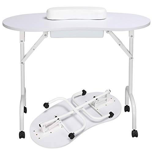 Yaheetech 37-inch Portable & Foldable Manicure Table Nail Technician Desk Workstation with Client Wrist Pad/Lockable Wheel/Carrying Case, White
