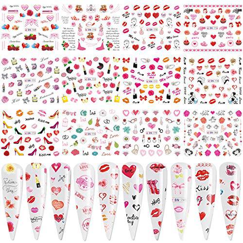 Valentine Nail Art Stickers Water Transfer Nail Decals Sexy Lips Love Lipstick Heart Rose Design Nail Sticker Manicure Tips Accessories Romantic Valentine’s Day Nail Art Decorations (12 Sheets)