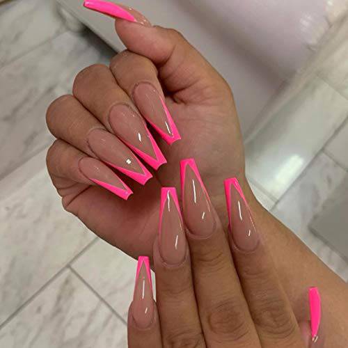 Outyua Hot Pink French Press on Nails with Designs Glossy Extra Long Fake Nails Coffin False Nails Full Cover Acrylic Nails 24Pcs (Glossy)