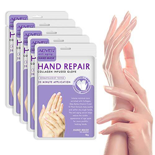 Hand Peel Mask, 5 Pairs Hands Moisturizing Gloves, Hand Skin Repair Renew Mask Infused Collagen, Vitamins + Natural Plant Extracts, Hand Cream Mask for Remove Dead Skin, Rough Skin (Lavender)