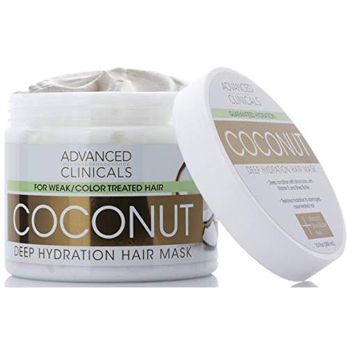 Advanced Clinicals Coconut Oil Hair Mask Treatment Deep Hydration Hair Repair Mask Conditioner To Strengthen Dry, Color-Treated, Weak Hair & Boost Hair Growth W/ Shea Butter & Kelp, 12 Fl Oz