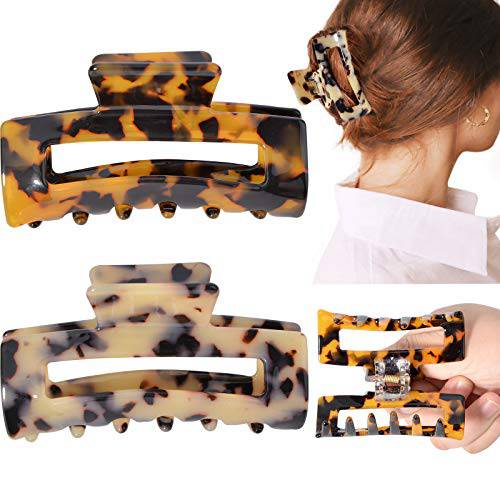 Big Claw Hair Clips 3.3 Inch Tortoise Banana Hair Clips for Women Girls Thin Hair French Design Celluloid Leopard Print Strong Hold Hair Clips for Thick Hair, 2 Color Available (2 Packs)