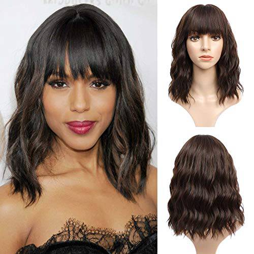 G&T Wig Dark Brown Wig with Bangs Short Wavy Bob Wigs for Women Shoulder Length Heat Resistant Synthetic Wig Daily Party Cosplay Use(14 inches) …