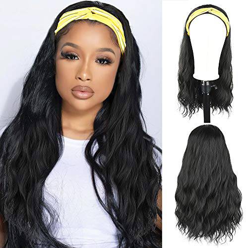 Long Body Wavy Headband Wigs for Black Women Natural wigs,CINHOO Long Hair Wigs with Headbands Attached Headband Wig Synthetic Body Wave Wigs for Black Women 20inch Cute Black Hair Wig (1B)