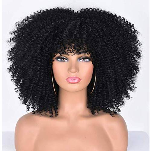Black Curly Wigs for Black Women Afro Curly Wigs with Bangs Afro Hair Synthetic Heat Resistant Wigs Short Curly Wig (14inch)