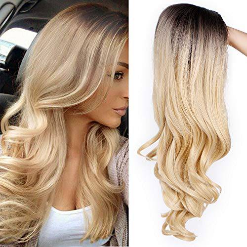 AISI QUEENS Long Curly Wig Ombre Blonde Wavy Wigs 2 Tone Blond Synthetic Cosplay Party Wigs for Women Middle Part Full Wigs with Heat Resistant Fiber
