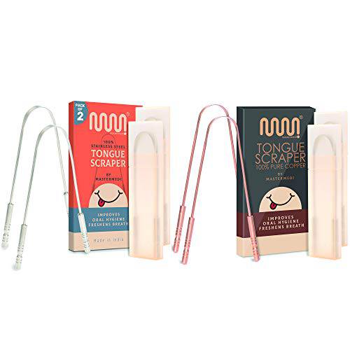 Mastermedi Family Pack Tongue Scrapers for Fresher Breath (Two Medical Grade Stainless Steel and Two Pure Copper Tongue Cleaner)