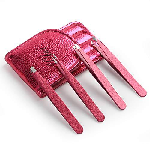 Tweezers for Women -4-Piece Professional Stainless Precision Eyebrow Tweezer Set With PU Leather Case - 4.75” T x 2.25” W - Slant, Flat,Pointed-Slant and Pointed Tips - 100% Quality Guarantee by Wkae