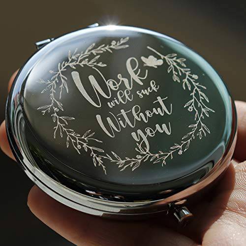 Blue Leaves Work will Suck Without You-Coworker Leaving Gifts for Women Going Away Gifts, Coworker Goodbye Gift, Farewell Gifts for Coworkers, Friends, Boss- Purse Pocket Makeup Mirror Silver