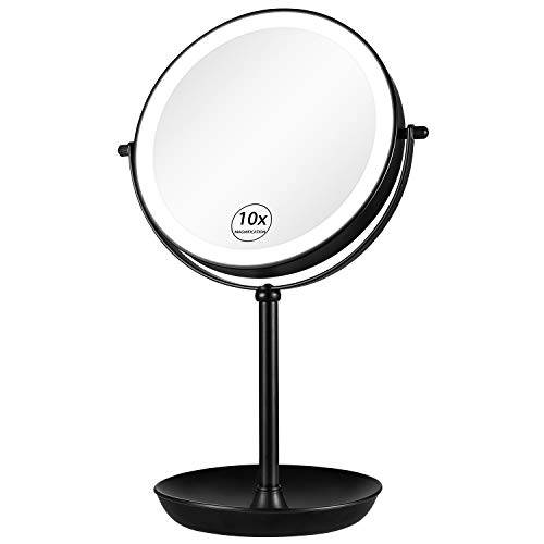 KEDSUM Rechargeable 1X/10X Magnifying Mirror with Light, 8 Lighted Makeup Mirror Double Sided Magnifying Vanity Mirror with 3 Color Lights, Brightness Adjustable, Cosmetic Mirror with Storage Tray