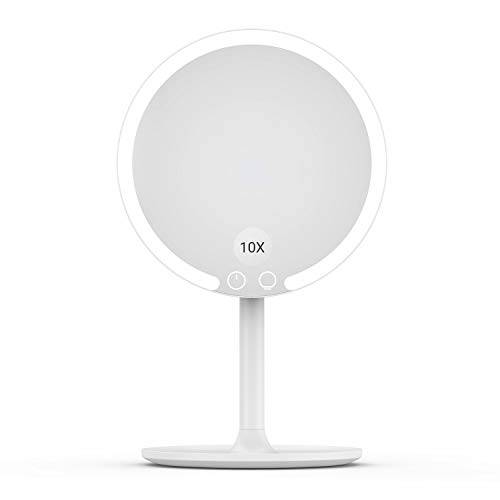 EASEHOLD 10X Magnifying Rechargeable Lighted Makeup Mirror, Vanity Mirror with 3 Color Lights, 42 LEDs, 90 Degree Rotation, Touch Control Brightness Adjustable, Portable for Travel, White