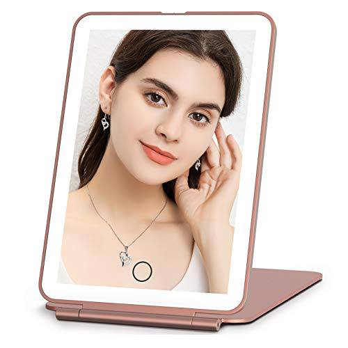 Rechargeable Makeup Vanity Mirror with 72 Led Lights, Lighted Travel Portable Light up Beauty Mirror, 3 Color Lighting, Dimmable Touch Screen, Tabletop Desk LED Foldable Cosmetic Mirror with Lights