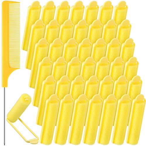 43 Pieces Foam Sponge Hair Rollers Set, Soft Sleeping Hair Curlers 0.59 Inch Flexible Hair Styling Sponge Curler and Stainless Steel Rat Tail Comb Pintail Comb for Hair Styling (Yellow)