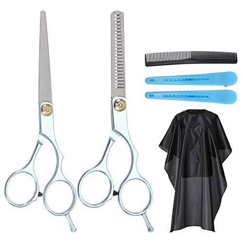 【6 PCS Hairdressing Scissors】Baban Hair Cutting and Thinning Scissors with Combs, Clips, Cape, Stainless Steel Flat Shears & Teeth Shear for Barber Salon and Home