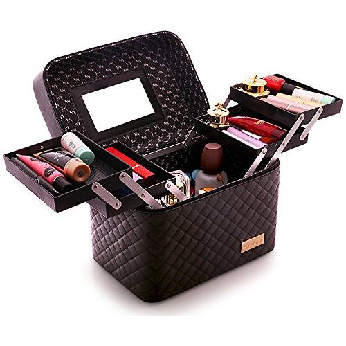 Sooyee Makeup Bag Cosmetic Bags with Mirror, Makeup Organizer 4 Layer Foldable Tray Open to The Sides,Makeup Travel Bag for Women,Makeup Box Train Case,Black