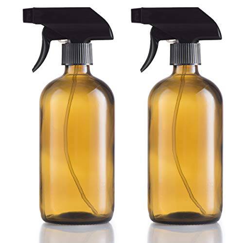 Empty Amber Glass Spray Bottles - Refillable 16 Oz Glass Spray Bottle with Black Trigger Sprayer and Caps - Spray Bottles for Essential Oils and Cleaning Products - Amber Glass Bottles Pack of 2