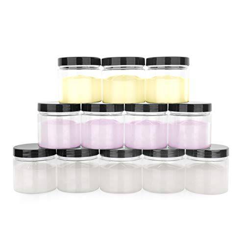 4oz Plastic Jars with Lids - Small Clear Jars with Lids - Lotion Containers with Lids | 4 oz Plastic Mason Jars with lids | Cream and Cosmetic Jars (12 pack) (Black)