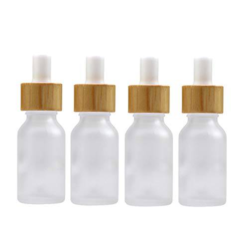 4 Pack Frosted Glass Dropper Bottles,Essential Oil Bottles With Eye Dropper And Bamboo Lids Perfume Sample Vials Essence Liquid Cosmetic Containers (15ml/0.5oz)