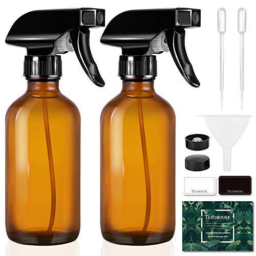 Tecohouse Glass Spray Bottle 8oz for Cleaning Product and Esssential Oil, Amber Empty Refillable Sprayer Container with Labels, Funnel, Lids, Graduated Pipettes - Handheld Size