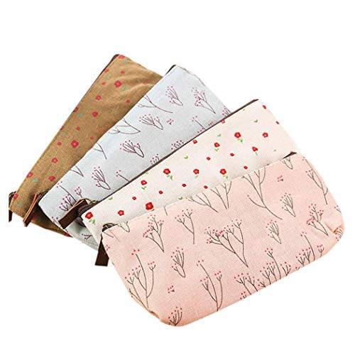 Countryside Flower Floral Cosmetic Makeup Bag Cute Floral Flower Canvas Zipper Pencil Pen Cases, Multi-functional lovely Flower Tree Fabric Coin Purse(4 Pcs)