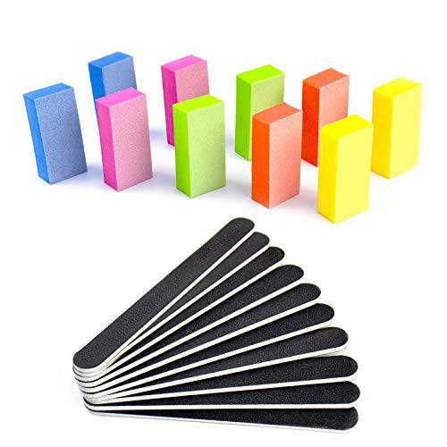 Nail Files and Buffers Set - Professional Manicure Tools Kit, 100/180 Grit Double Sided Emery Boards for Nails, 80/100 Grit Rectangular Nail Buffer Shiner Blocks Art Care for Home Salon 20Pcs