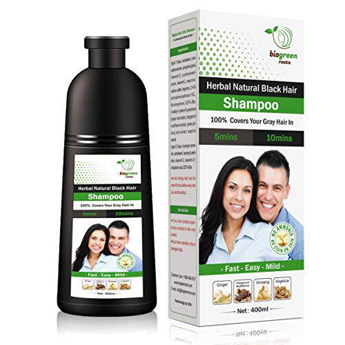 Biogreen Roots Shampoo 400ml - Natural Black Hair color Shampoo with herbals- Covers Gray Hair for Men and Women - Clinically Tested Black hair Color Shampoo for All Hair Types -400ml with Herbals Ingredients Natural Black Hair Shampoo - 400ml