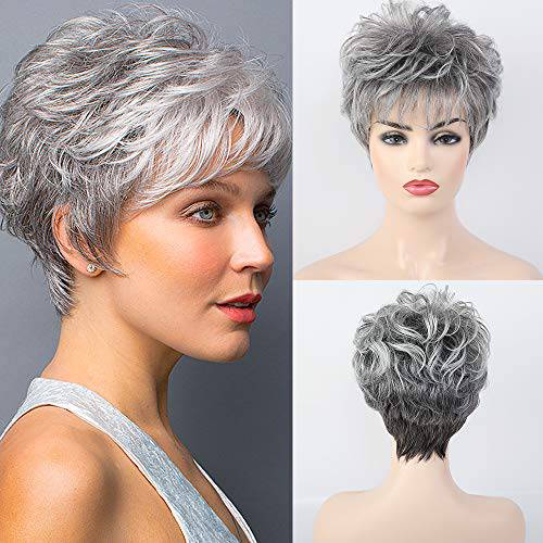 HAIRCUBE Short Curly Gray Wigs for Women Pixie Cut Wig Grey Easy-Care Human Hair Wigs for White Women