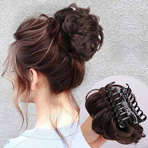 DeeThens Messy Bun Hair Piece Tousled Updo Hairpiece for Women Wavy Curly Scrunchies Clip in Claw Hair Bun Synthetic Chignon Claw Clip With Hair Attached (Darkest Brown)