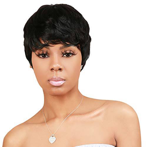 Instant Fab Short Human Hair Wigs Pixie Cut Wigs for Black Women Short Pixie Hairstyles Layered Wavy Non Lace Front Wigs - JET (NATURAL)