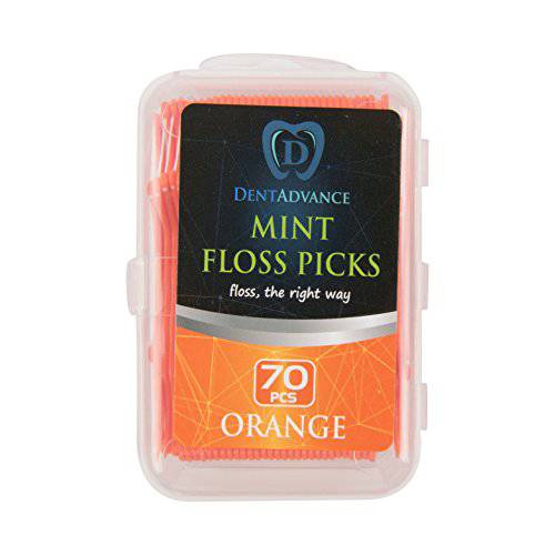 DentAdvance Mint Dental Floss Picks - Easy Reach Back Teeth | Tooth Flossers |Orange, Mint Flavored, 70 ct, w/ Travel Case