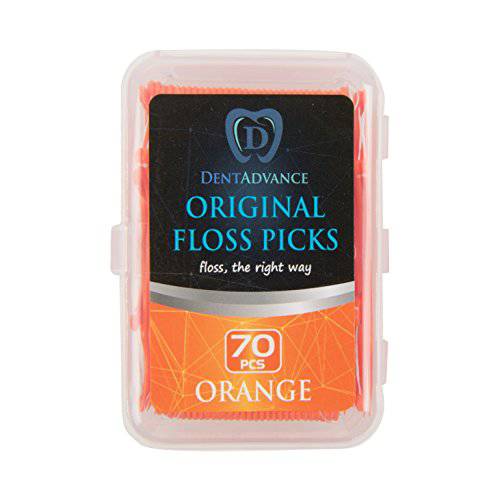 DentAdvance Original Dental Floss Picks - Easy Reach Back Teeth | Tooth Flossers |Orange, Unflavored, 70 ct, w/ Travel Case