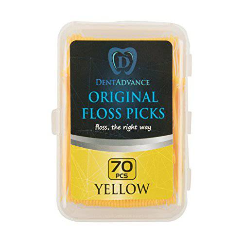 DentAdvance Original Dental Floss Picks - Easy Reach Back Teeth | Tooth Flossers |Yellow, Unflavored, 70 ct, w/ Travel Case