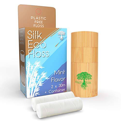 Eco Dental Floss with Bamboo Holder | 100% Compostable | 33yds/30m/100 Feet Natural Silk Spool + Replacement| Eco-Friendly Zero Waste Oral Care | Biodegradable | Mint Flavored