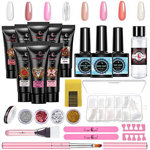 FingerQueen Poly Nail Gel Kit, Polygel Nail Kit 8 Colors Builder Nail Extension Gel with Base Top Coat Nail Art Tools Clear Nude White Pink Acrylic Nail Starter Kit