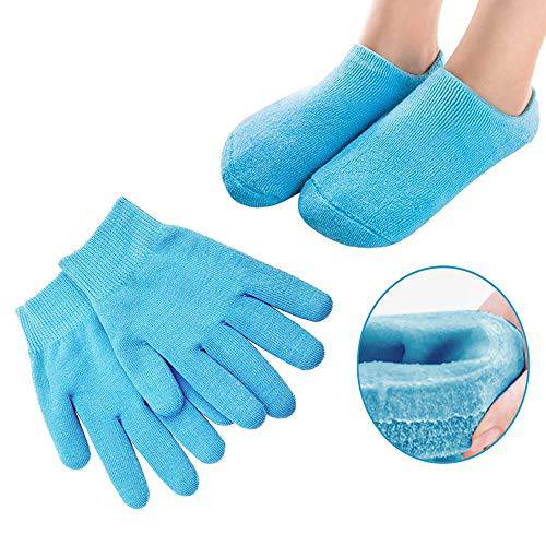 Pinkiou Moisturizing Gloves Socks Set Gel Spa for Moisturize Soften Repairing Dry Hands Feet Cracked Skin Care Silicone inside–Blue