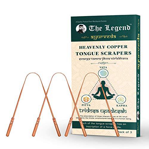 The Legend Pack of 3 Ayurveda Heavenly Copper Tongue Cleaner or Scraper | Metal Tongue Scraper and Handmade (Pack of 3 Thick Handle)