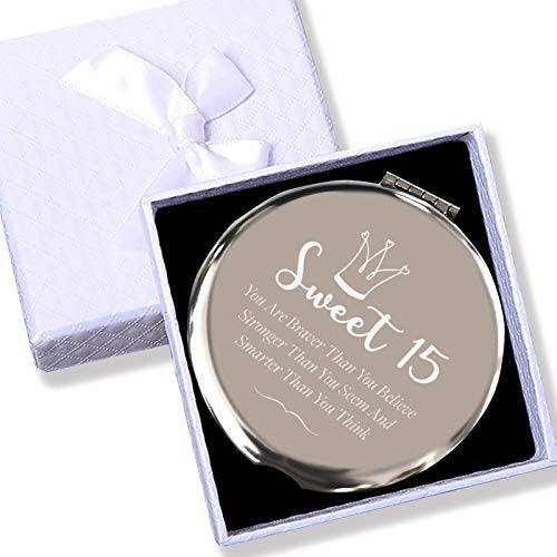 Blue Leaves 15th Birthday Gifts for Girls, Sweet 15th Birthday for Bestie Sister Daughter BFF, Stainless Steel Mirror