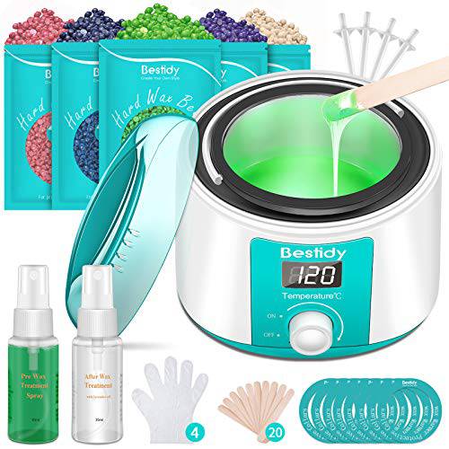 Bestidy Waxing Kit for Women and Men Home Wax Warmer with 5 Pack Hard Wax Beads Hot Wax Hair Removal for Brazilian Body Underarm Bikini Chest Legs Face Eyebrow