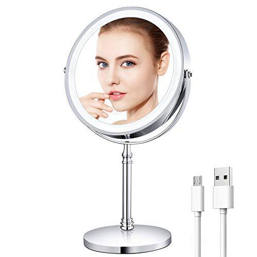 AMZNEVO Rechargeable 8’’ Lighted Makeup Mirror, 10X Magnifying Vanity Mirror with 3 Color LED Lights, Double-Sided Cosmetic Mirror Battery Powered, Touch Button Adjust Brightness