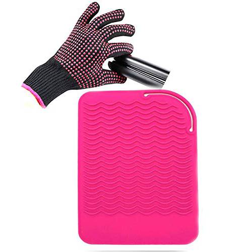 Heat Resistant Glove with Heat Resistant Mat for Curling Iron, Hair Straightener, Flat Irons, Silicone Bump Glove, 9” x 6.5” Food Grade Silicone Mat, Pink