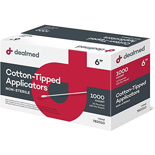 Dealmed 6 Cotton-Tipped Wood Applicators – 1,000 Non-Sterile Cotton-Tipped Applicators, 100 Applicators Per Pouch, Ideal for Application of Medication, Cleaning Skin, Arts and Crafts and More