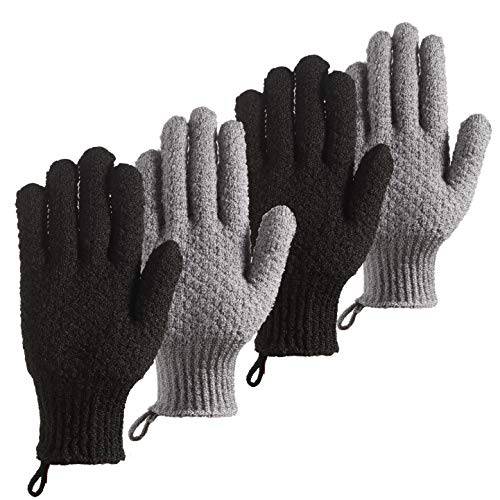 CLEEDY Bath Exfoliating Gloves Scrub - 4 Pcs (2Pairs) Lengthened and Large Exfoliating Scrubbing Gloves for Shower, Spa, Massage - Scrub Exfoliating Mitts for Body, Face, Hand and Foot (black and gray)