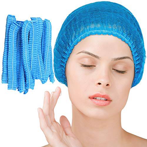 Disposable Bouffant Caps 100 Pcs ,21inches Hair Net， Elastic Dust Cap for Food Service, Kitchen Head Cover (Blue)