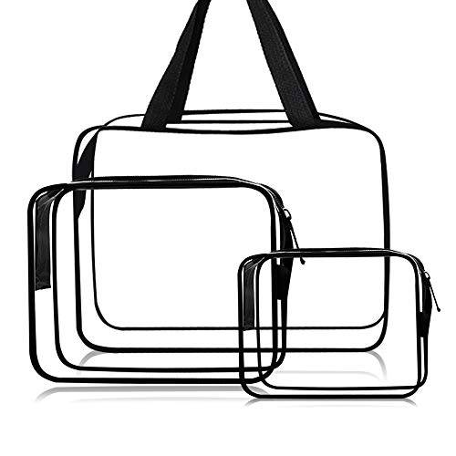 Cosmetic Bag 3 Pack Clear Travel Toiletry Bag Set with Zipper Make-up Pouch Handle Straps | Waterproof Packing Organizer Storage Diaper Pencil Bags (Black)