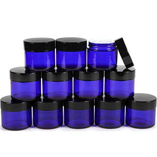 Vivaplex, 12, Cobalt Blue, 2 oz, Round Glass Jars, with Inner Liners and black Lids
