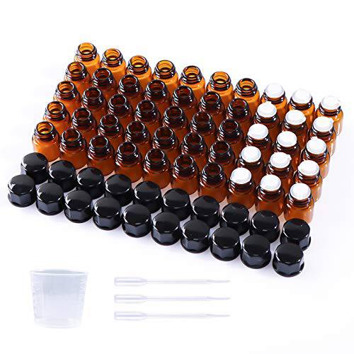 HWASHIN 50 Pack 1ml (1/4 Dram) Amber Mini Glass Essential Oils Sample Bottles with Black Caps for Essential Oils, Perfumes & Lab Chemicals (30ml Measuring Cup and 3 Droppers Included)