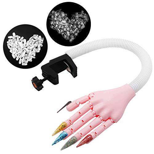 Flexible Nail Practice Hand with 100pcs Stiletto Nails and 100pcs Normal Nails for Acrylic Nails, Professional Manicure Fake Nail Hand for Nail Technician Beginner Use
