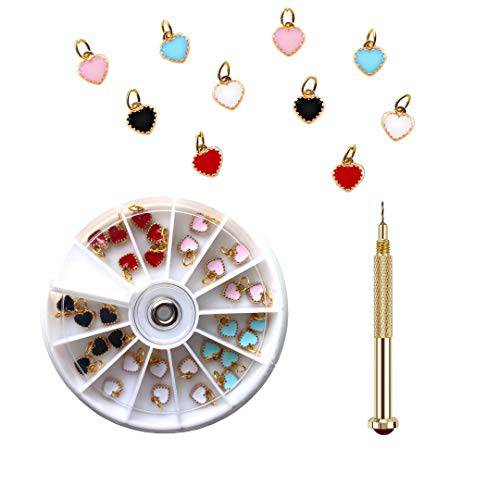 Nail Jewelry Rings with Nail Piercing Tool Hand Drill, Dangle Nail Art Charms gold and silver for Tips, Acrylic, Gels and Decorations (Colored Hearts)