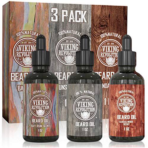 Beard Oil Conditioner 3 Pack - All Natural Variety Set 2 - Bay Rum, Unscented and Sandalwood Oil - Conditioning and Moisturizing for a Healthy Beard Viking Revolution